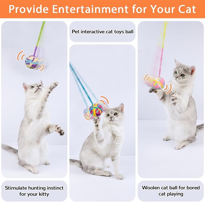 Retro Shaw Cat Toys Balls with Bells Inside, Kitten Toys Pack 6Pcs | Woolen Yarn Cat Balls, Soft Pompom Jingle Ball with String, Interactive Kitty Nip Toys for Indoor Cats - Image 7