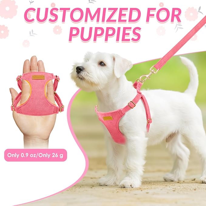 SlowTon No Pull Dog Harness with Leash for Small Medium Dogs, Pink XXS | Solid Pattern, Step-in, Lightweight, Easy Put On and Off, No Choke, Soft Cotton and Suede for Daily Walking - Image 2