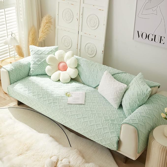 vctops Geometric Jacquard Plush Sofa Couch Covers Farmhouse Neutral Non Slip Sectional Couch Cover Soft Warm Sofa Slipcover for Dogs, Children, Pets Furniture Protector (Green,43"x43") - Image 3