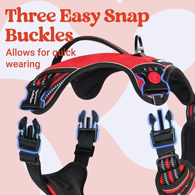 rabbitgoo Large Dog Harness, Easy Wear with 3 Buckles and Lift Handle | No Pull with Front Clip for Walking, Adjustable Soft Padded, Reflective, Easy Control, Red, Small - Image 4