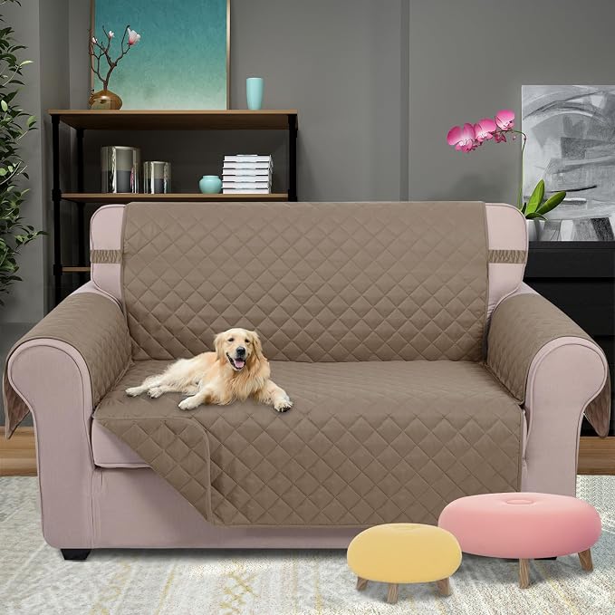 U-NICE HOME Loveseat Sofa Cover for 2 Cushion Couch, Taupe/Taupe | 54''Oversized Loveseat Cover Washable, Pet Friendly, Elastic Straps, Water Repellent, Furniture Protector for 2 Cushion - Image 2
