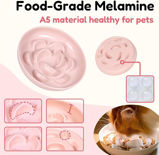 Slow Feeder Bowl for Cats and Small Dogs - Set of 3 Melamine Puzzle Cat Dish for Wet & Dry Food- Whisker Friendly & Dishwasher Safe & Non Slip Design (Pink +Blue + Green, 6.3" W × 1.2" H - Image 4