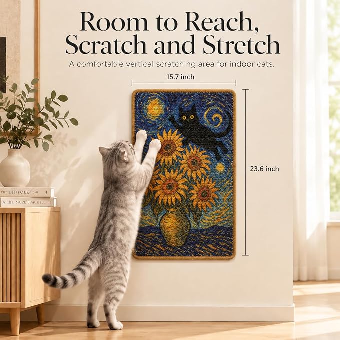 Art Sisal Cat Scratcher Mat, Cat Wall Scratchers for Indoor Cats | Wall Mounted Cat Scratcher, Natural Sisal, No-Drill Hook & Loop Setup, Wall or Floor Use, 23.6 x 15.7 Inch, Sunflower - Image 2