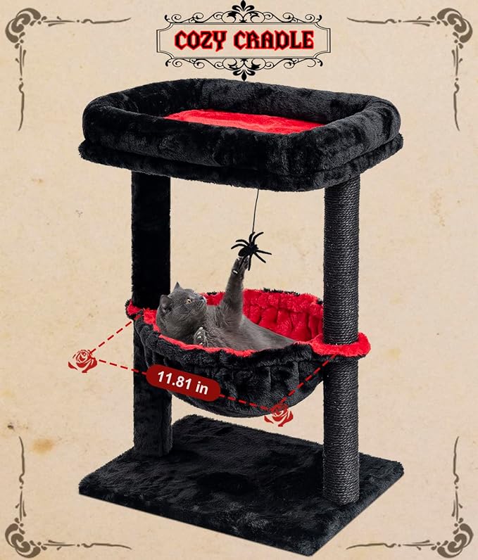 SYANDLVY Gothic Cat Tree with Coffin Bed for Indoor Cats, Activity Tower | Scratching Post for Kittens, Cat Condo Furniture with Basket & Spider Hanging Ball for Play Rest - Image 7