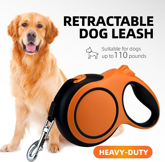 26Ft Retractable Dog Leash, Heavy Duty Great Leash for Dog up to 110 lbs, Anti-Slip Rubberized Handle, One-Handed Brake, Strong Nylon Tape, Tangle Free(Large，Orange&Black). - Image 6