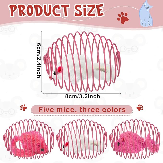 Jecery 5 Pcs Cat Toys Spring,Mouse,Pink | Interactive Metal Cat Toy, Stretchable Rolling Ball, for Indoor Cats, Colorful Playful Coils, Kitten Pet Supplies - Image 2