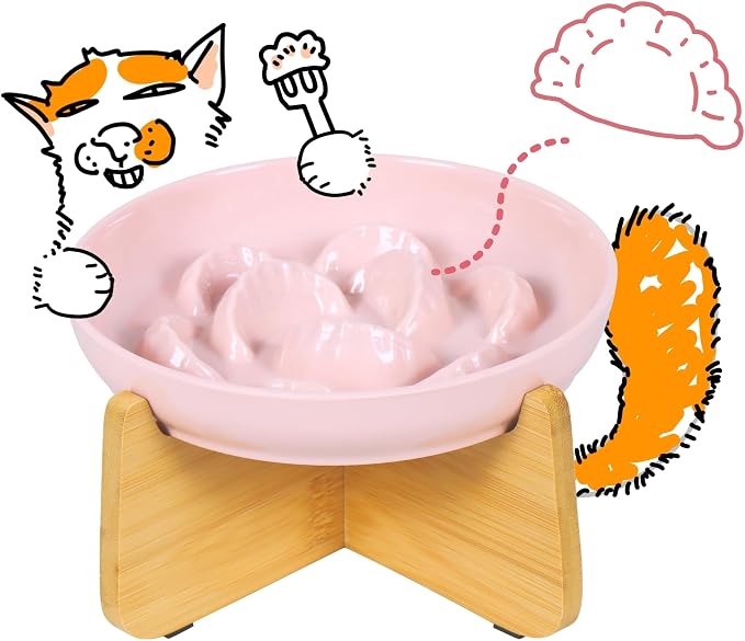 Slow Feeder Cat Bowl with Stand - Unbreakable Elevated Slow Feeder Bowl for Cats - Melamine Puzzle Raised Cat Food Bowl - Whisker Friendly & Wet & Dry Food- Dishwasher Safe & Non Slip (Pink by FullCharm