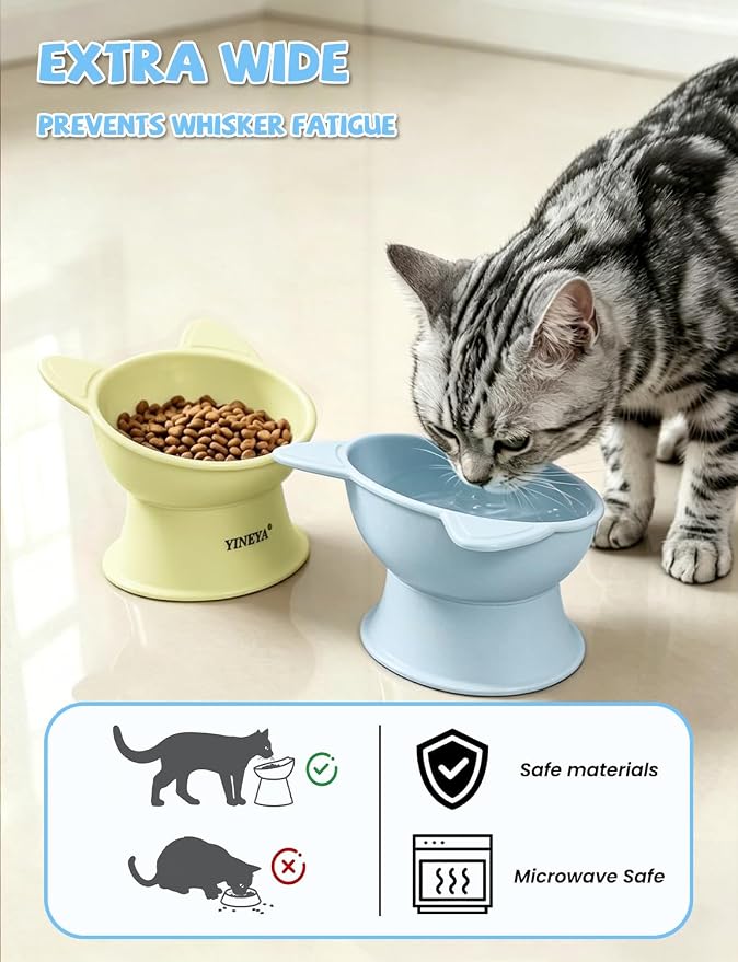 YINEYA Elevated Cat Bowls 2 Pcs, Cat Food Bowl to Protect Neck & Anti-Vomit, Whisker-Friendly Raised Food and Water Bowls Set for Indoor Cats/Small Dogs, Cute Pet Feeding Bowl 6 OZ Each, Yellow & Blue - Image 3
