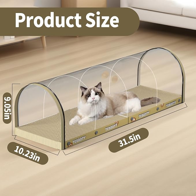 3 Function in 1 Cardboard Cat Scratcher Board, 31.5 in Cat Scratcher House, Cat Scratchers for Indoor Cats, Arched Cats Scratch Pad As Cat Bed, Cat Tunnel for Sleep, Grind Claws (Beige) - Image 2