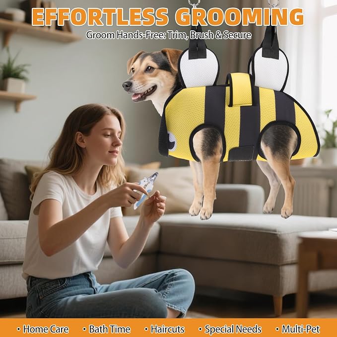 Dog Grooming Hammock for Small Dogs Cats, Cute Bee Design Dog Hanging Harness for Nail Trimming/Clipping, Pet Sling with Grooming Kit and Thick Neck Support & Strap Restraint Claw Care, M - Image 5