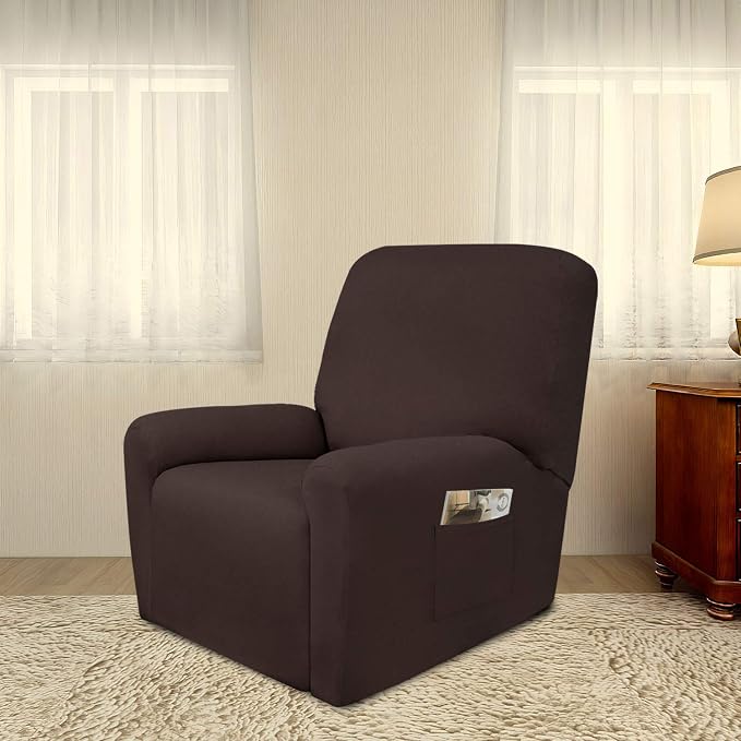 PureFit Stretc Recliner Chair Covers Fleece Soft Couch Covers for Sofa | Chocolate 4-Pieces Recliner Slipcover Pocket Couch Protector, Fleece Sofa Cover Washable with Non Slip Elastic Bottom - Image 2