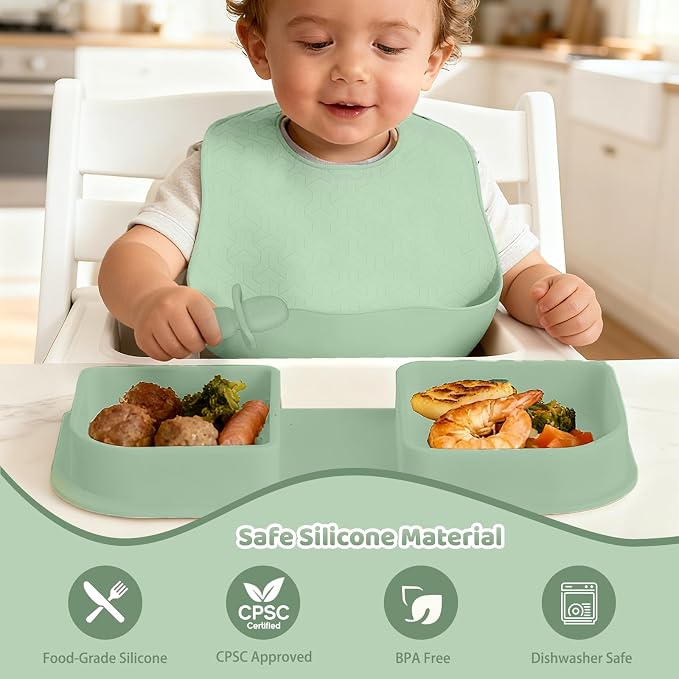 Green Foldable Silicone Baby Feeding Set, Portable Travel Baby Feeding Essentials Including Toddler Plates, Silicone Baby Spoon&Fork, Adjustable Foldable Bib, Portable Infant Toddler Utensils - Image 2