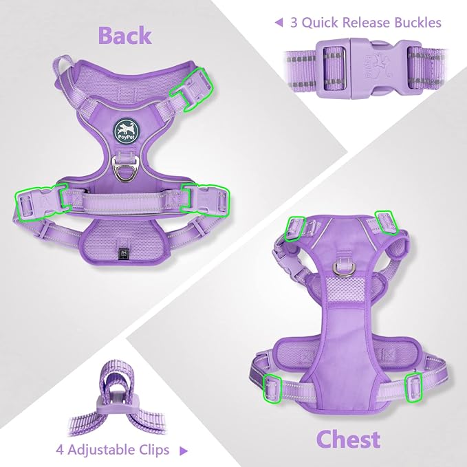 PoyPet No Pull Dog Harness, Reflective Vest with 2 Leash Clips & Handle | Lockable Neck Release Buckle, No Choke, Adjustable, Soft Padded, for Walking Training, Light Purple Matching Trim, Medium - Image 4
