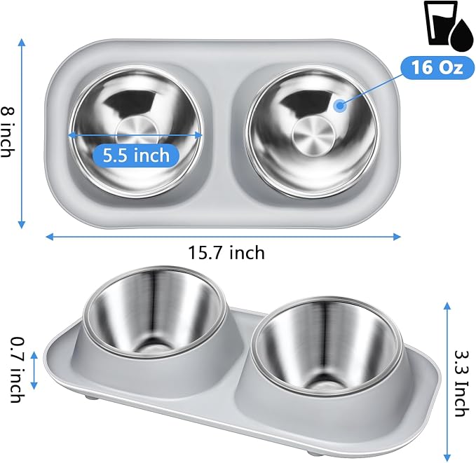Ant Away Stainless Steel Elevated Cat Bowls with Stand - Tilted Anti Vomiting, Double Food and Water Bowl Set (Grey, 16 Oz) - Image 5