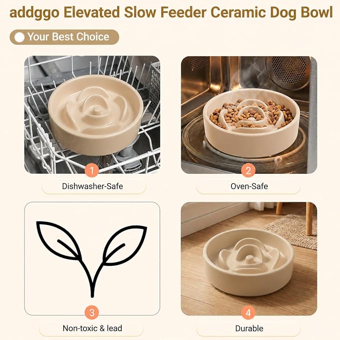 Elevated Ceramic Slow Feeder Dog Bowls Anti-Choking Slow Feeding for Small&Medium Size Anti-Slip Non-Lead & Toxic Durable Easy to Clean Maze Slow Feeder Bowl（8.26in Khaki Flower Pattern） - Image 5