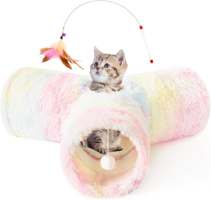 Tempcore Plush Pet Cat Tunnel Tube Cat Toys 3 Way Collapsible, Tunnels for Indoor Cats，Kitty Tunnel Bored Pet Toys Peek Hole Ball Puppy, Kitty, Kitten, Rabbit Rainbow by Tempcore