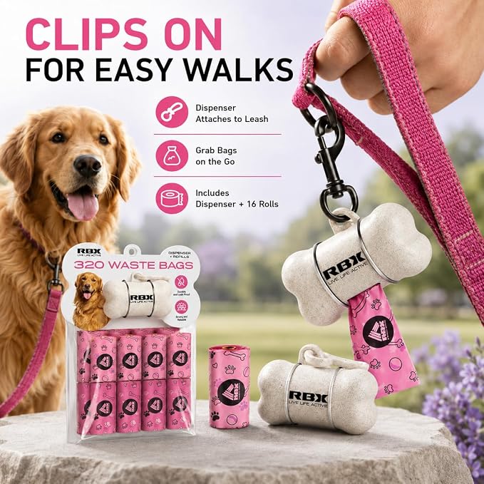 RBX Dog Poop Bags with Leash Holder, 320 Bags, 16 Refill Rolls | Clip-On Dispenser, Durable Leak-Proof, Recyclable Material - Image 3