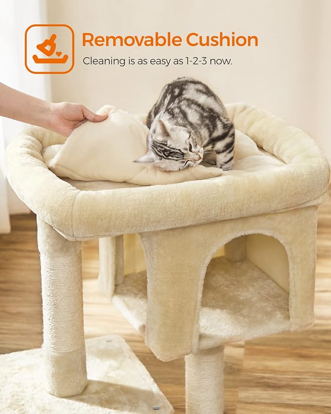 Feandrea Cat Tree, 33.1-Inch Cat Tower, Plush Condo for Large Cats up to 16 lb, Large Perch, 2 Caves, Scratching Post, Beige UPCT61M - Image 8