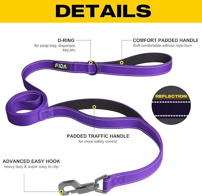 Fida Heavy Duty Dog Leash for Medium Large Dogs, 4 FT, Dual Padded Handles | Traffic Handle for Close Control, Advanced Easy Snap Hook, Reflective, Strong Nylon Webbing for Daily Walks Training, Purple - Image 2