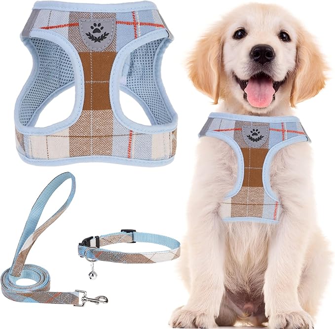 PUPTECK Dog Harness, Collar and Leash Set No Pull for Small Medium Sized | Plaid Puppy Step-in Escape Proof Reflective No Choke Pet Cat Adjustable Walking Vest by PUPTECK