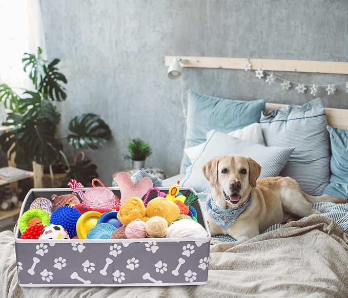 Linen-cotton Blend Dog Toy Organizer Basket - Storage for blankets, leashes, rope toys, clothing - Bone claw pattern - Image 7