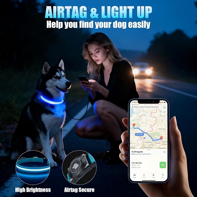 LED AirTag Dog Collar - Brightest Light Up Dog Collars, Blue L | IP68 Waterproof Air Tag Dog Collar Holder, 1,600 Feet of High Visibility, Magnetic Charging, Dog Lights for Night Walking - Image 4