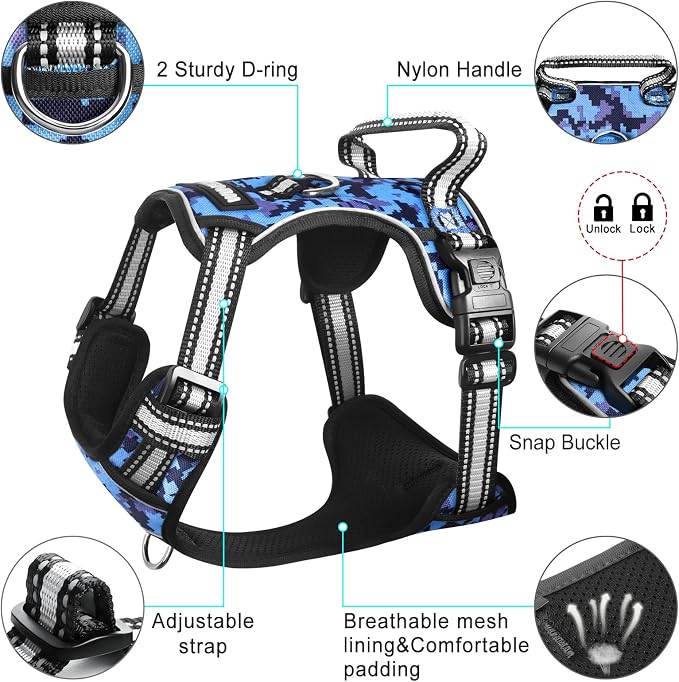 Dog Harness No Pull, Pet Harnesses with Dog Collar, Adjustable Reflective Oxford Outdoor Vest, Front/Back Leash Clips for Small, Medium, Large, Extra Large Dogs, Easy Control Handle for Walking - Image 5