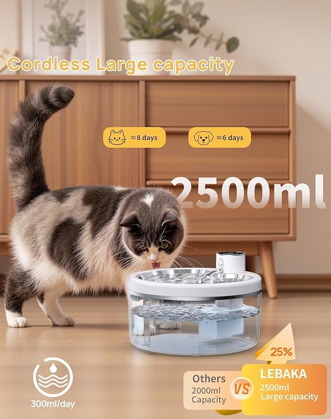 Wireless Cat Water Fountain [with Stainless Steel Tray], 84oz/2.5L Pet Fountain for Cats Inside, Cat Fountain for Drinking with Motion Sensor - Image 8