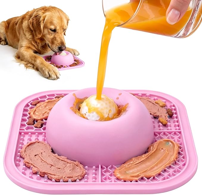 Slow Feeder Dog Bowls & Lick Mat for Liquid and Thick Treat, Anti-Slip Dog Lick Bowl with Interactive Rolling Ball, 5/6 Cup Pup Licking Toy for Large Medium Small Dogs and Cats-Large Pink by PetsHome