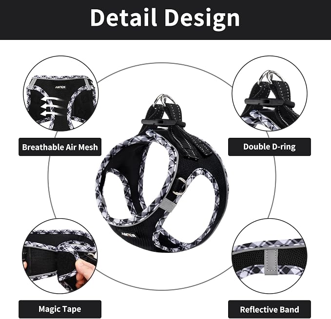 AMTOR Small Dog Harness with Leash Set, No Escape Easy Walk Puppy Harnesses for Training Walking, Step-in Reflective Soft Dogs Vest for XS S Medium Extra-Small Large Sized Dog(Blackwhite,XS) - Image 2