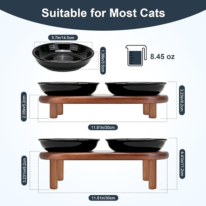 SPUNKYJUNKY Shallow Elevated Cat Bowl with Acacia Wood Stand Wide Raised Ceramic Cat Dishes Whisker Friendly Pet Food and Water Plates (Striped Pattern, Black) - Image 2