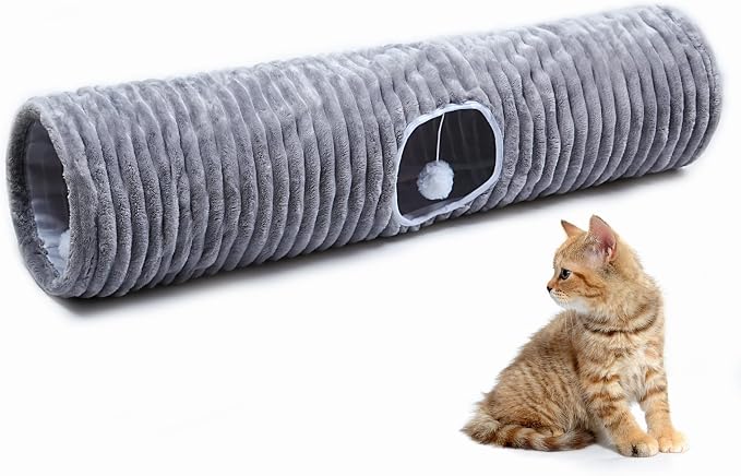 Luxurious Cat Tunnel,43" Straight Cat Tunnel Bed with Balls,Cat Toys for Indoor Cats,Collapsible Peekaboo Cat Cave for Kitten Toys (Gray Stripe) by FORMYCATIE