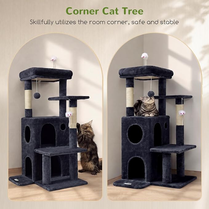 Globlazer Cat Tree Tower for Indoor Cats, 50-inch Adult Cat Tree House for Large Adult Cats with Steps, Scratching Post, 2 Cat Caves, Dangling Toys, FC50, Dark Grey - Image 2