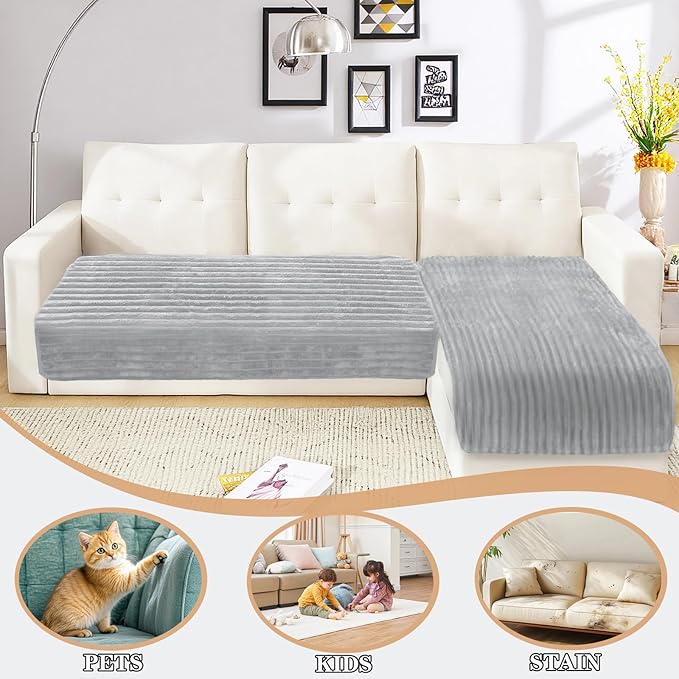 NAISI Couch Covers for Dogs Waterproof Flannel Striped Sofa Cover Pet Friendly Washable Dog Mat for Couch Anti Slip Sectional Sofa Slipcover Protector(2pcs/35"x63"+35"x70",Light Grey) - Image 2
