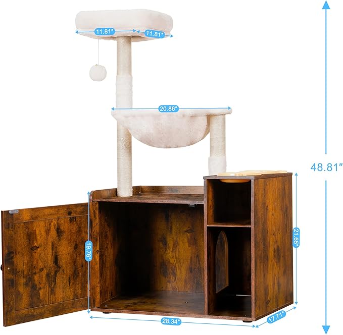 Hey-brother Cat Tree Tower, Food Station, XL Litter Box Enclosure, MPJ101SR | 48.81 Inches Wooden All-in-one Cat Furniture, Large Hammock, Bed, Scratching Posts, Big Basket for Indoor Cats, Rustic Brown - Image 3