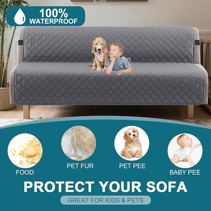 Turquoize 100% Waterproof Futon Cover Futon Slipcover Washable Armless Sofa Bed Slipcover Protector Seat Width Up to 70" with Adjustable Elastic Strap Anti-Slip for Dogs, Gray - Image 2