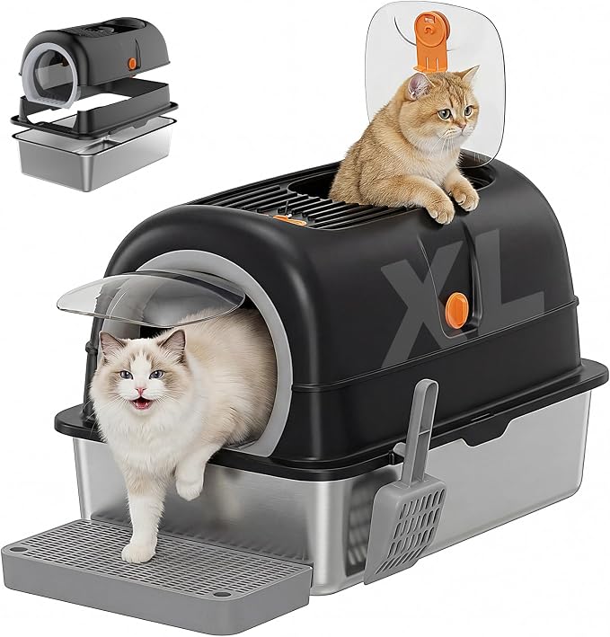 OLIXIS Stainless Steel Litter Box with Lid, Easy Cleaning | Extra Large Enclosed Litter Pan for Big Cats, High Sided Cat Box with Scoop & Mat, Front & Top Entry, Black by OLIXIS