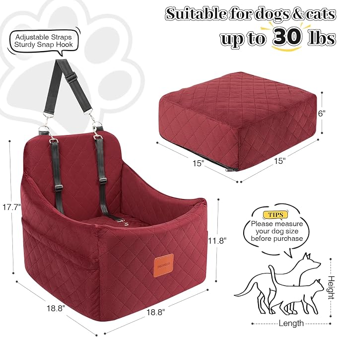 Dog Booster Car Seat for Dogs up to 35lbs, Safety Pet Car Seats with Anti-Slip Bottom, Travel Booster Dog Bed with 2 Storage Pockets (Wine Red, Medium) - Image 2