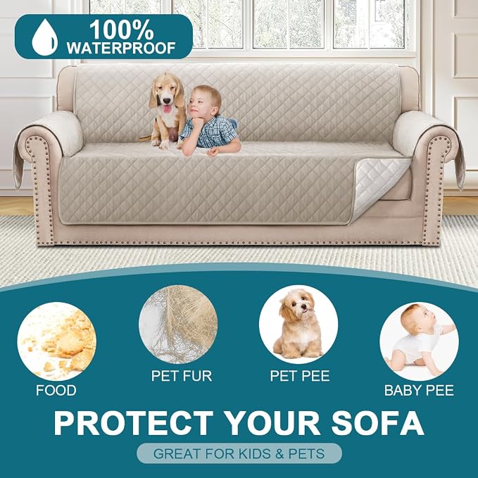 Turquoize 100% Waterproof Sofa Covers Couch Cover Sofa Cover for Dogs Couch Protector Triple Non-Slip Sofa Slipcover for 3 Cushion Couch Furniture Protector for Pets, Kids,Dog (XL Sofa 78", Pale Oak) - Image 2