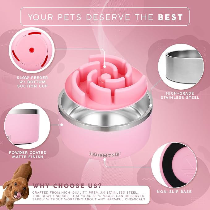 FAHRMOSIS 32 Oz Dog Bowl with Slow Feeder Insert Stainless Steel Pet Water Bowl for Medium & Large Breed Non Slip Rubber Base & Plastic Puzzle Feeder - Pink - Image 2