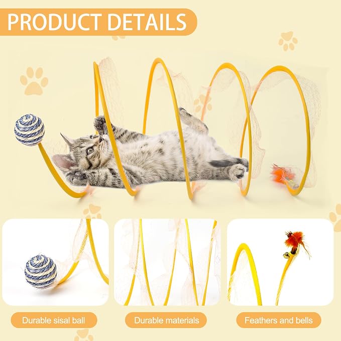 2-Pack Large Cat Tunnel Beds - Indoor & Outdoor,Kitten Collapsible Spring Tunnel Toy with Feather and Bell,Interactive Spring Toys for Cats & Kittens（Yellow） - Image 2