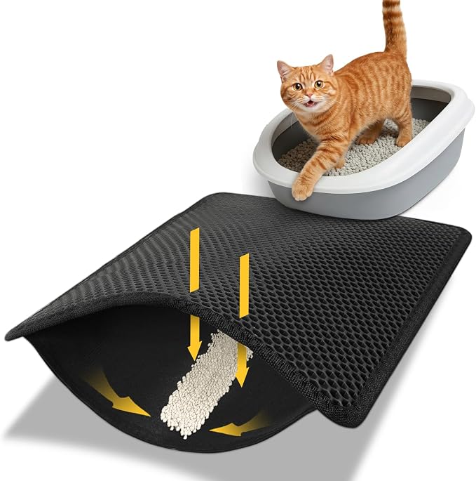 Conlun Cat Litter Trapping Mat for Small Spaces, 23.6"x14.6" Space-Saving Litter Box Floor Mat, Hexagon Grids & Anti-Leak Base, Machine Washable, Non-Slip Kitty Matt for Apartment, Black by Conlun