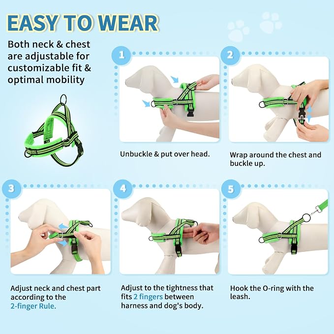 Lukovee Soft Padded Small Dog Harness (X-Small, Green) with 4ft Lightweight Leash, Adjustable Reflective Vest for Walking, Running, Hiking, Training | Both Neck & Chest Adjustable, Reflective, Puppy Harness with 4ft Lightweight Anti-Twist Dog Leash for... - Image 9