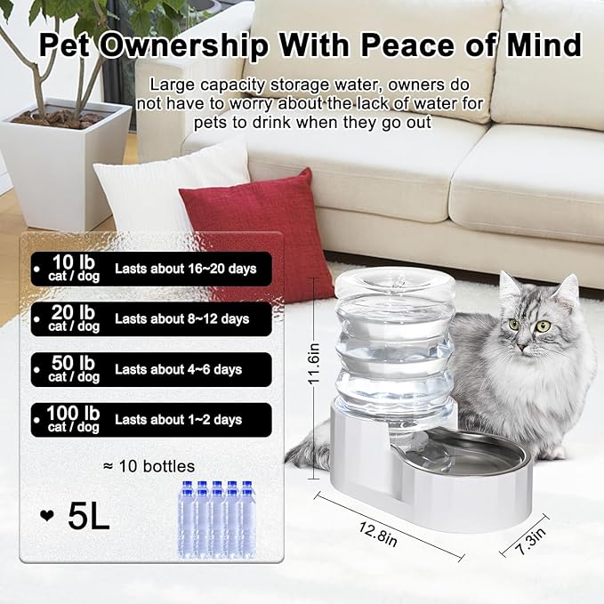 RIZZARI 5L Gravity Cat Water Dispenser: Filtered for Small Pets | Reduced Refills / Stainless Steel Bowl / Anti Splash Base /BPA-Free Materials/ Easy Cleaning / Kitchen Living Room Use - Image 2
