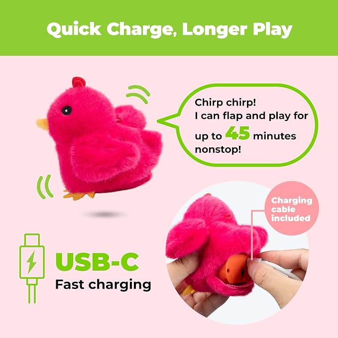 Best Pet Supplies Catify Interactive Flapping Cat Toy - Chick, Fuchsia | Catnip Infused, Motion Activated Wings, Realistic chirps, Soft, Rechargeable, For Indoor Kittens & Cats, Independent Play - Image 4