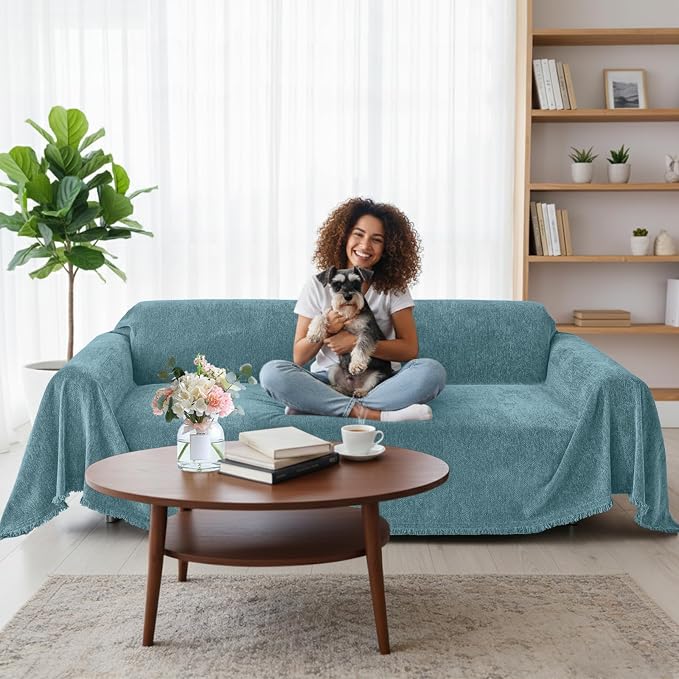 Smiry Couch Cover for Dogs, Chenille Sofa Covers for 3 Cushion Couch | Washable Soft Sofa Slipcover for Pets, Thick Sectional Furniture Protector with Tassels (Blue, 71x91 Inch) - Image 12