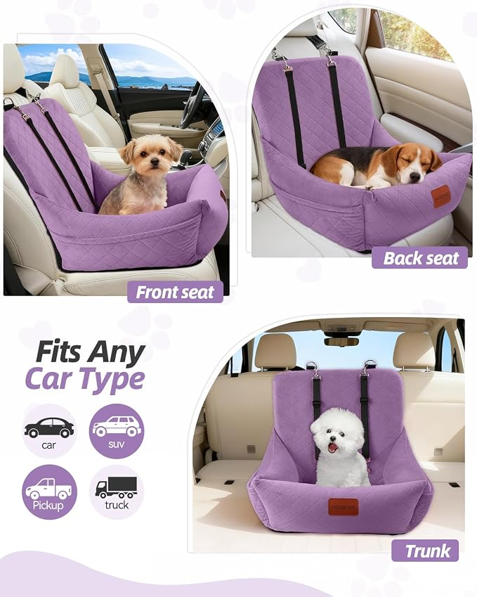 WOOAIDAGG Dog Car Seat for Small Dogs Up to 25lbs,Soft Washable Fabric Fill in Memory Foam,Easy to Assemble with 2 Clip-On Safety Leashes and Storage Pockets,Front or Back Seat are Both OK(Purple) - Image 4