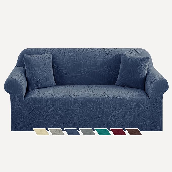 YEMYHOM Couch Cover Latest Jacquard Design High Stretch Sofa Covers for 2 Cushion Couch, Pet Dog Cat Proof Loveseat Slipcover Non Slip Elastic Furniture Protector (Medium, Begonia Leaf Navy) by YEMYHOM