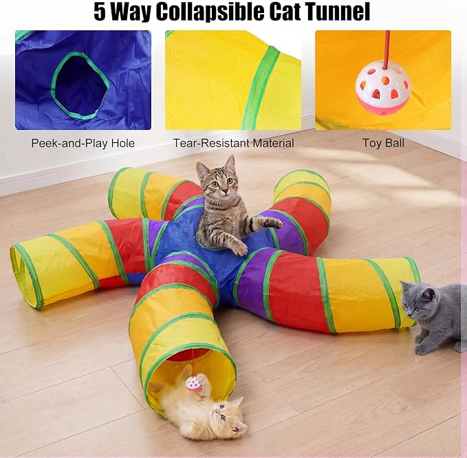 Bemodst S-Type Cat Tunnel, 2 Way/3 Way/4 Way/5 Way Collapsible S-Shape Small Animal Tubes Kitty Tunnels Interactive Maze House Toy with Storage Bag for Kitten Puppy Rabbit Guinea Pig (Rainbow-5 Way) - Image 4
