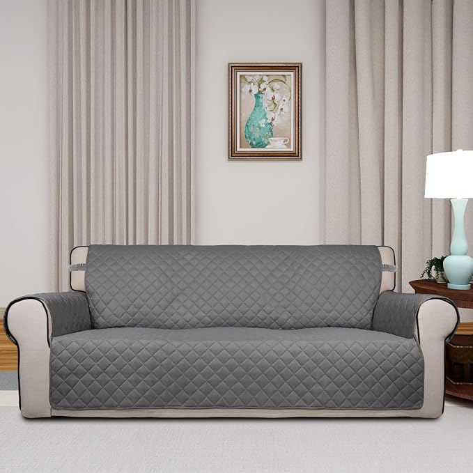 PureFit Reversible Quilted Couch Covers for Dogs Oversized Sofa Cover 78” | Gray/Ivory, Water Resistant Couch Protector, Washable Pet Couch Cover with Non Slip and Elastic Straps For Kids - Image 2